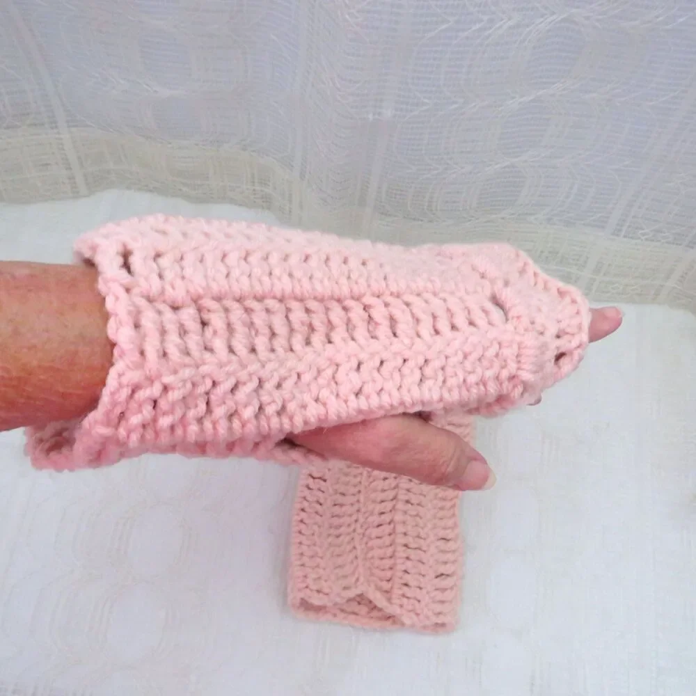 Fingerless Gloves, Peach Handwarmer Mittens, Handmade Crocheted Ruffled
